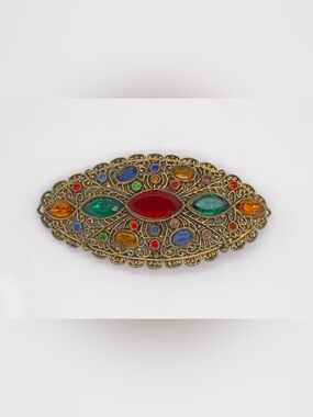 LARGE Vintage Czech Glass Rhinestone Filigree Brooch Pin Multicolor Gold Tone